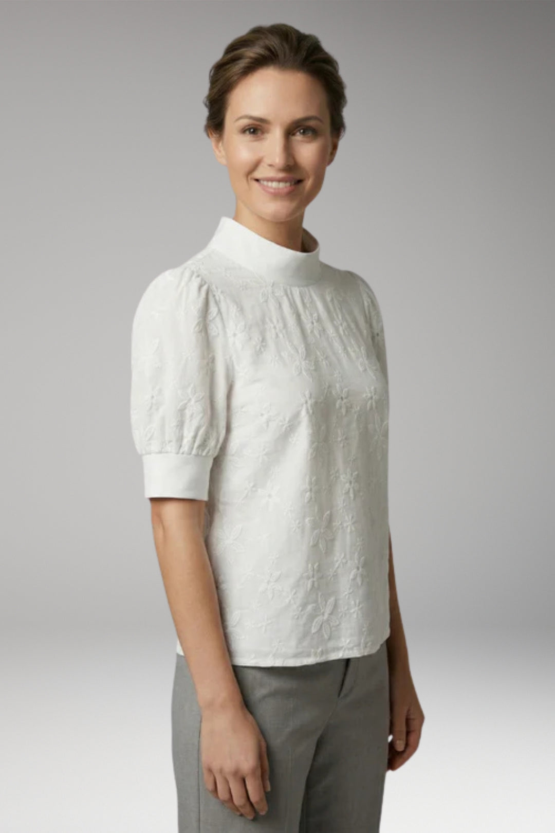 Women's Top with Stand Collar and Short Sleeves