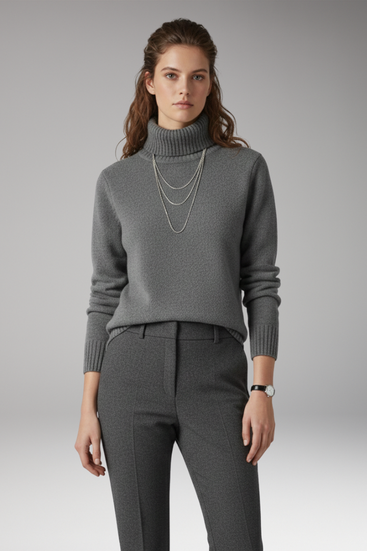 Women's Turtleneck Sweater with Ribbed Texture and Long Sleeves