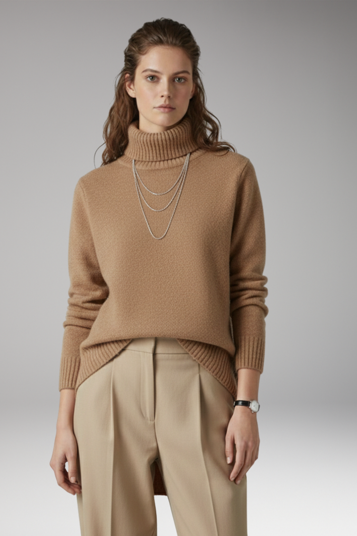 Women's Turtleneck Sweater with Ribbed Texture and Long Sleeves