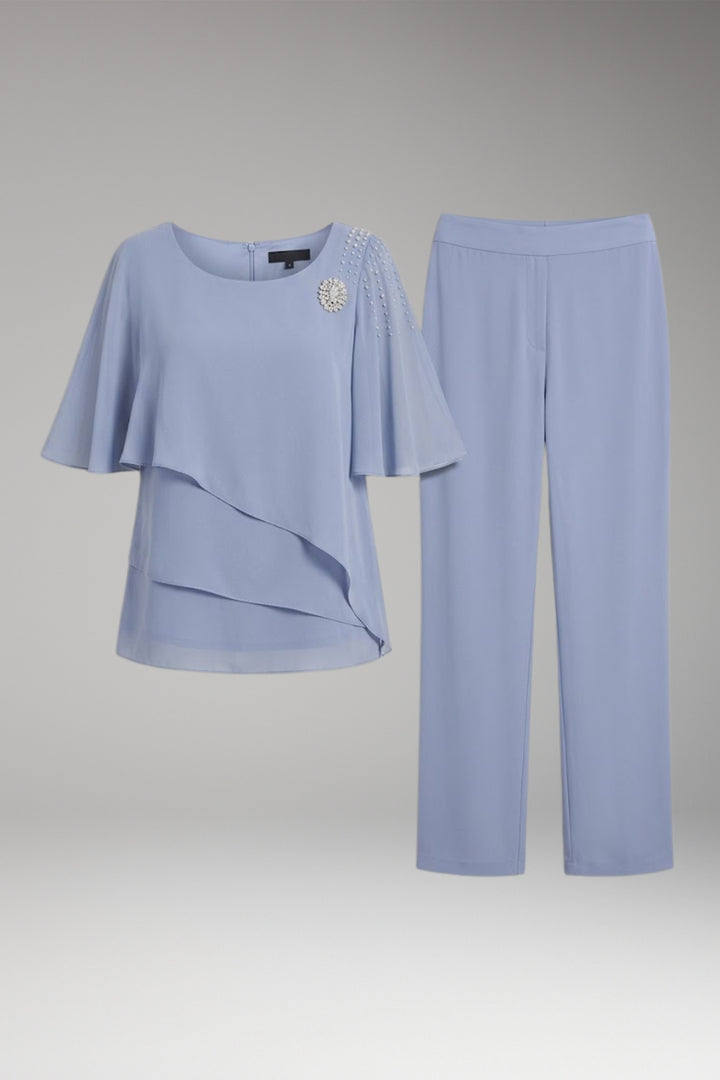 Women's Two-Piece Set with Round Neck and Straight-Leg Trousers