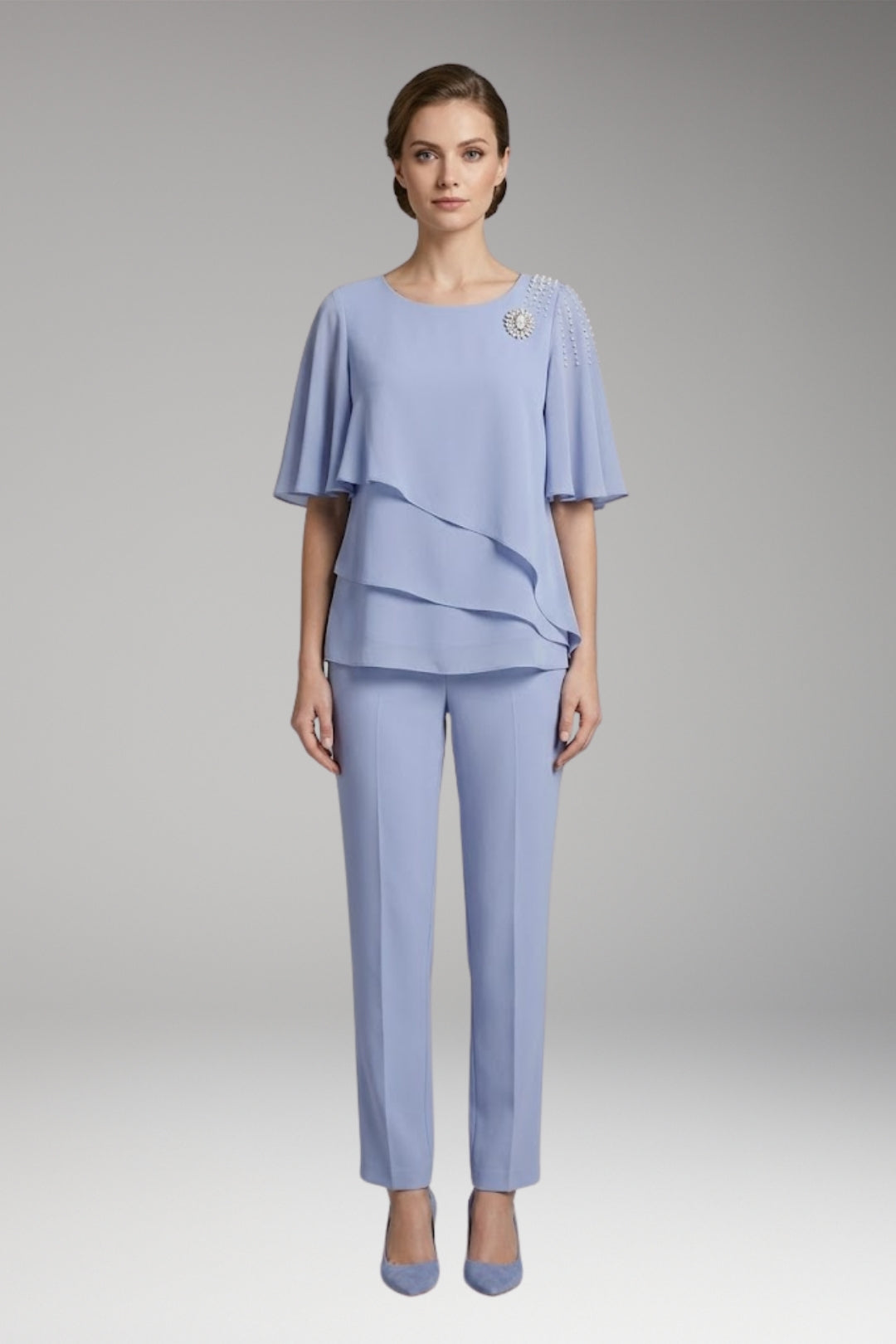 Women's Two-Piece Set with Round Neck and Straight-Leg Trousers