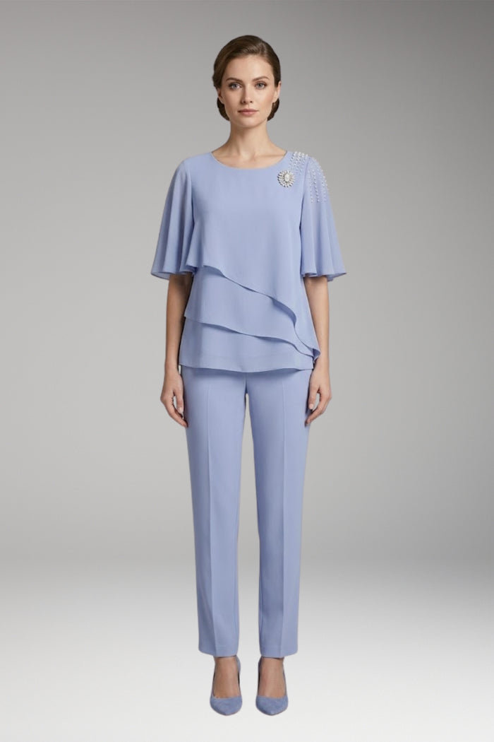 Women's Two-Piece Set with Round Neck and Straight-Leg Trousers
