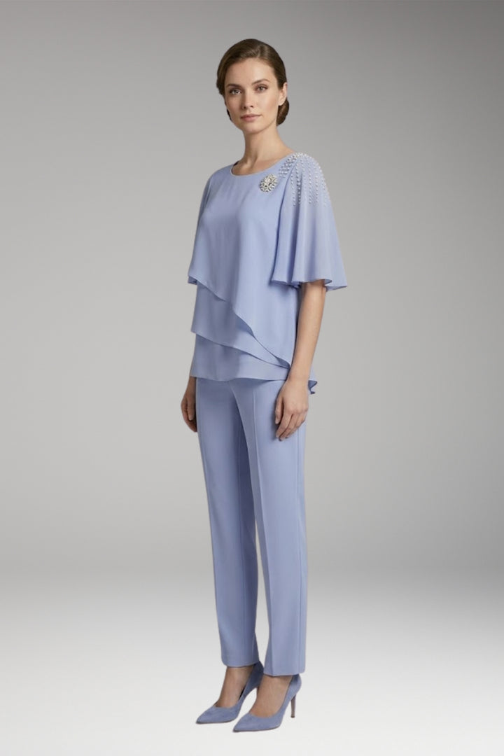 Women's Two-Piece Set with Round Neck and Straight-Leg Trousers