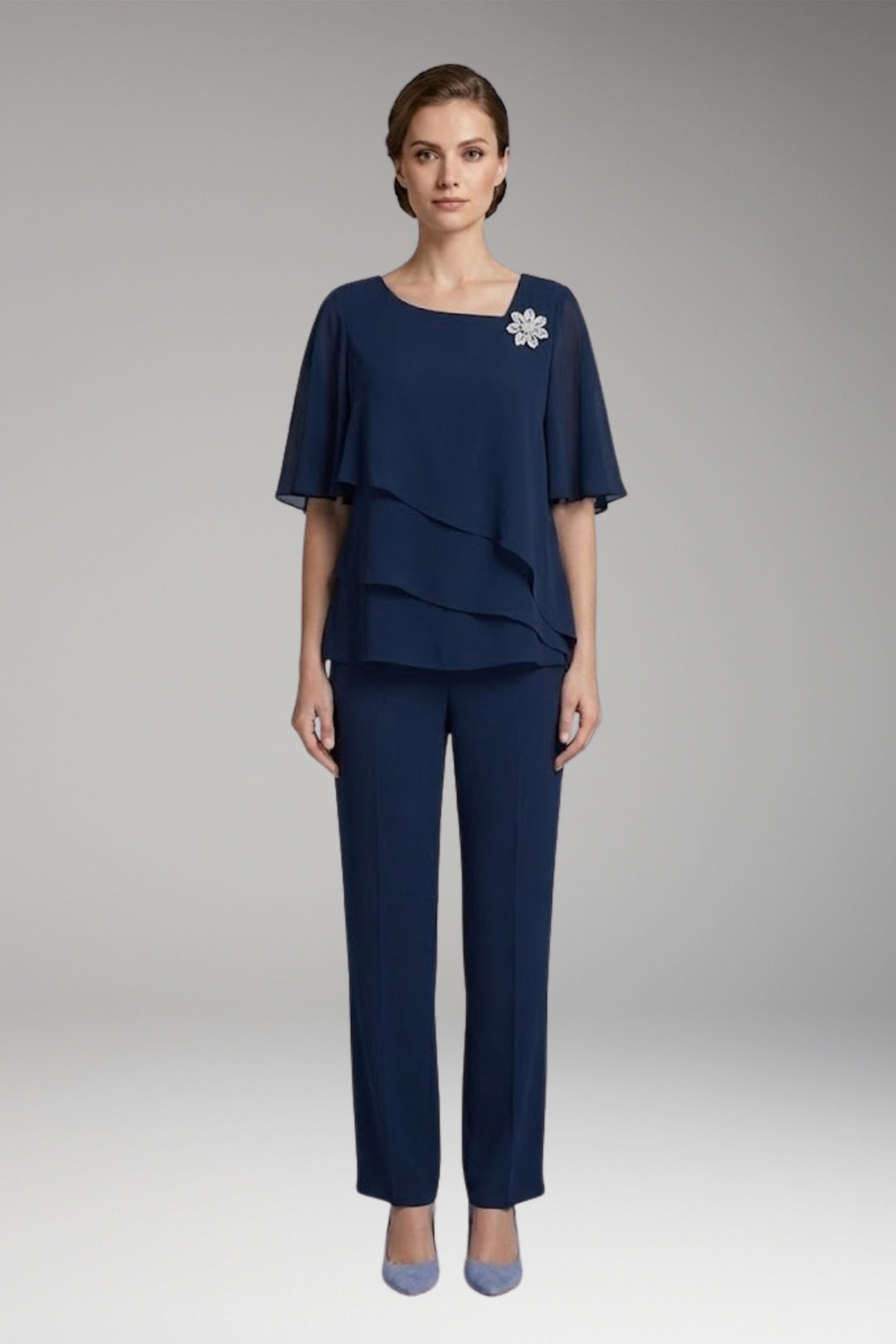 Women's Two-Piece Set with Round Neck and Straight-Leg Trousers