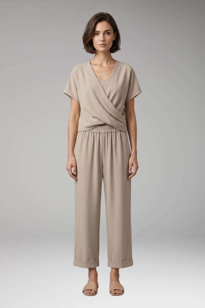 Women's Two-Piece Set with V-Neck and Elastic Waist