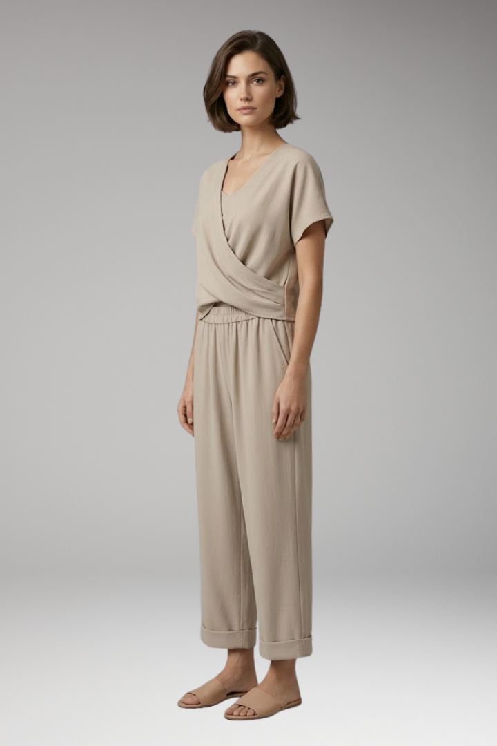 Women's Two-Piece Set with V-Neck and Elastic Waist