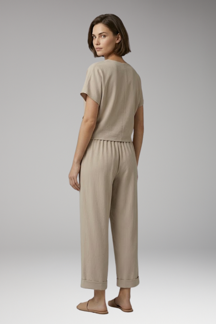 Women's Two-Piece Set with V-Neck and Elastic Waist
