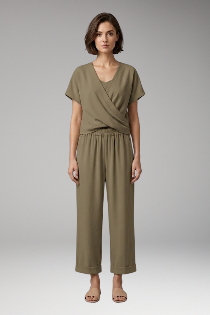 Women's Two-Piece Set with V-Neck and Elastic Waist