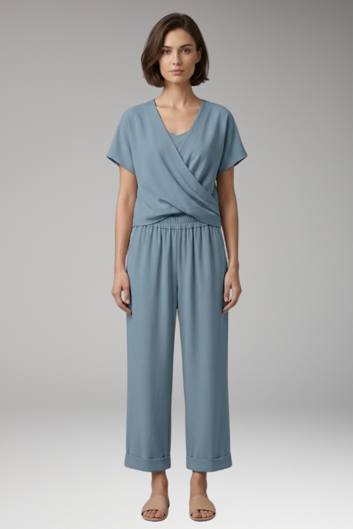 Women's Two-Piece Set with V-Neck and Elastic Waist