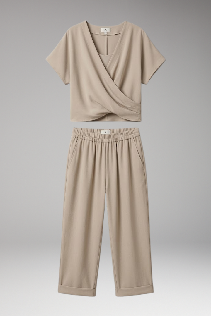Women's Two-Piece Set with V-Neck and Elastic Waist