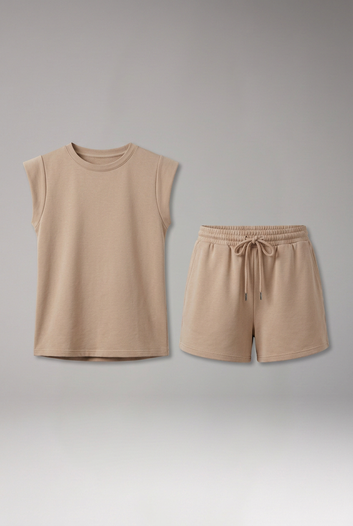 Women's Two Piece Lounge Set with Sleeveless Shoulder Pad Top and Drawstring Shorts