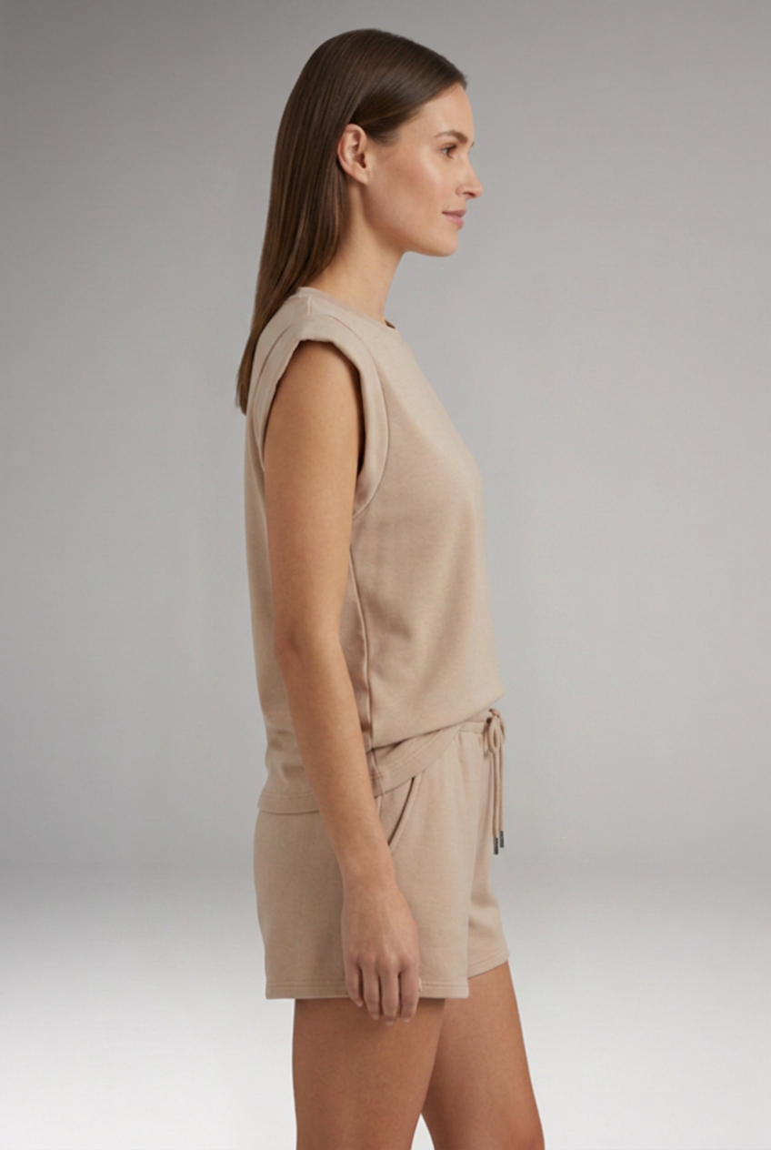 Women's Two Piece Lounge Set with Sleeveless Shoulder Pad Top and Drawstring Shorts