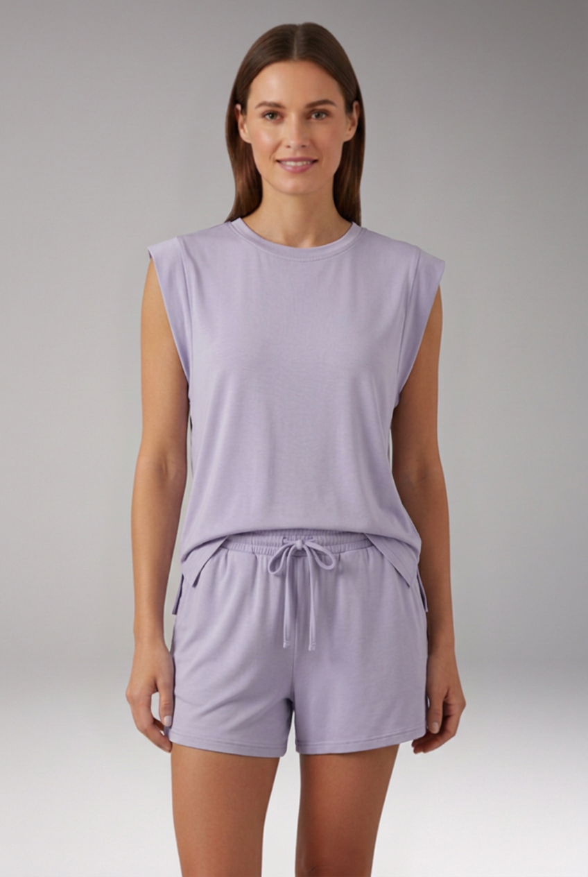 Women's Two Piece Lounge Set with Sleeveless Shoulder Pad Top and Drawstring Shorts