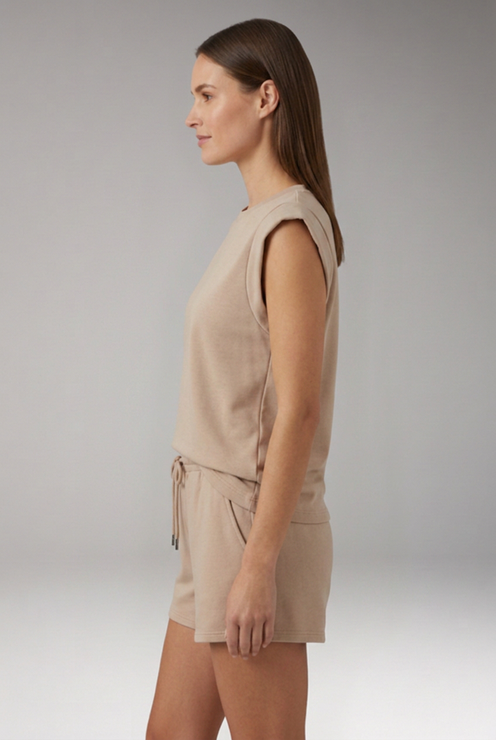 Women's Two Piece Lounge Set with Sleeveless Shoulder Pad Top and Drawstring Shorts