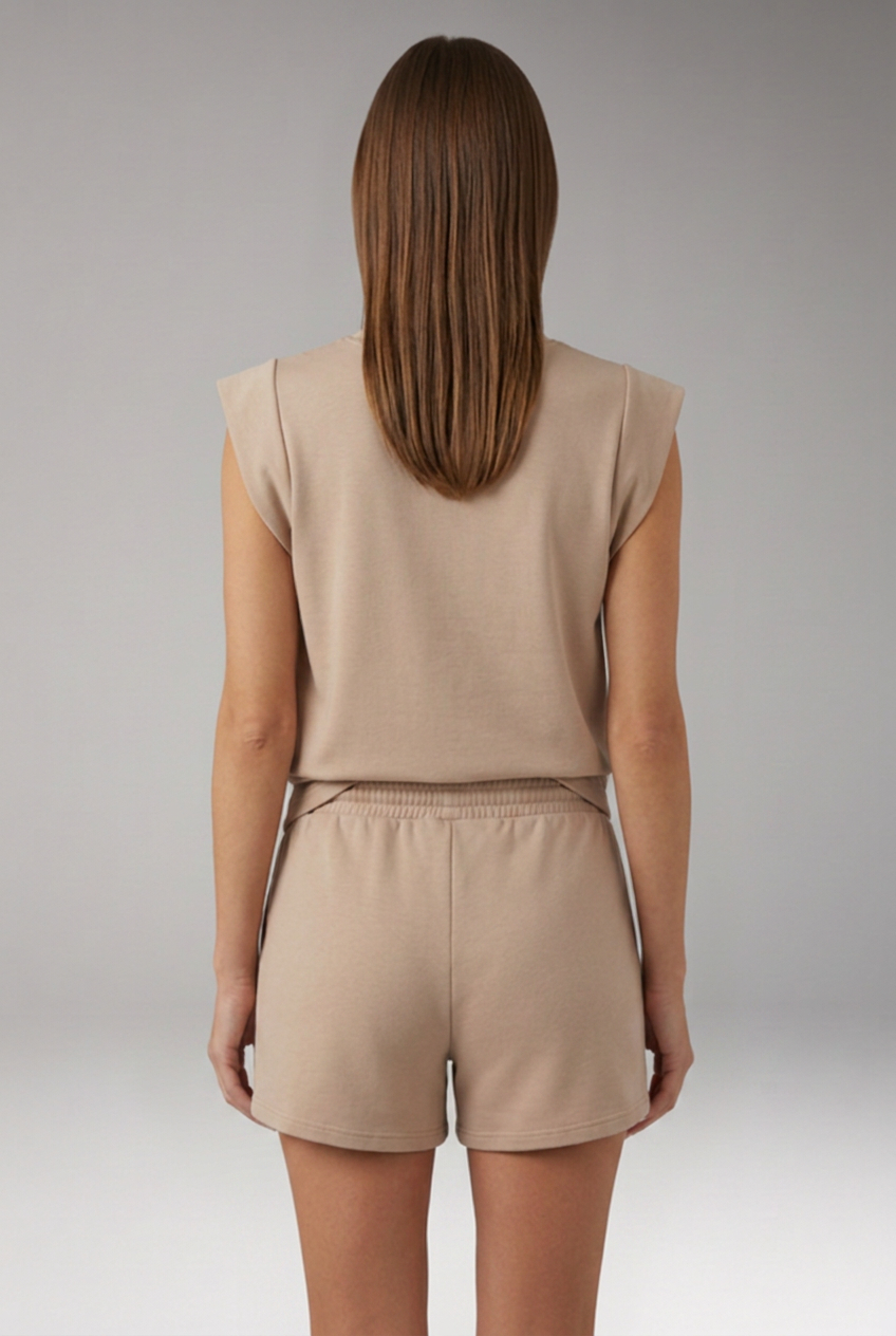 Women's Two Piece Lounge Set with Sleeveless Shoulder Pad Top and Drawstring Shorts