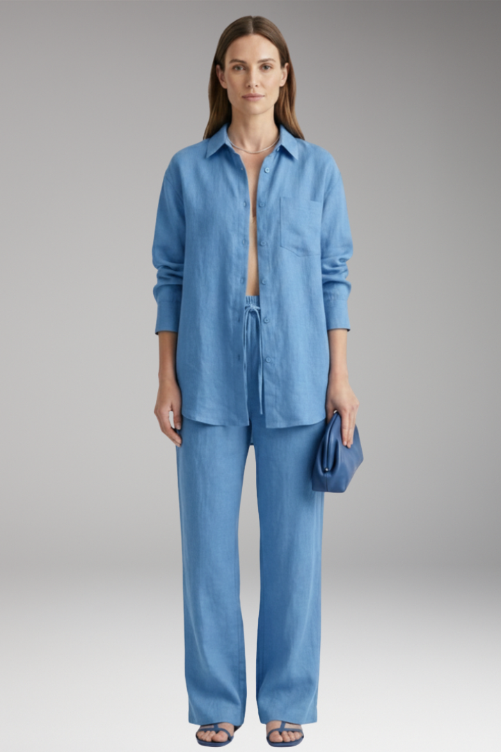 Women's Two Piece Set with Button Shirt and Wide Pants