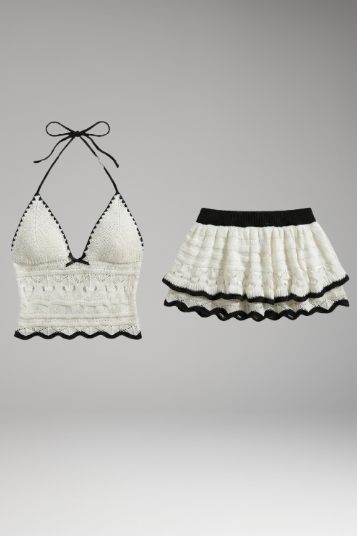 Women's Two Piece Set with Halter Top and Ruffled Skirt