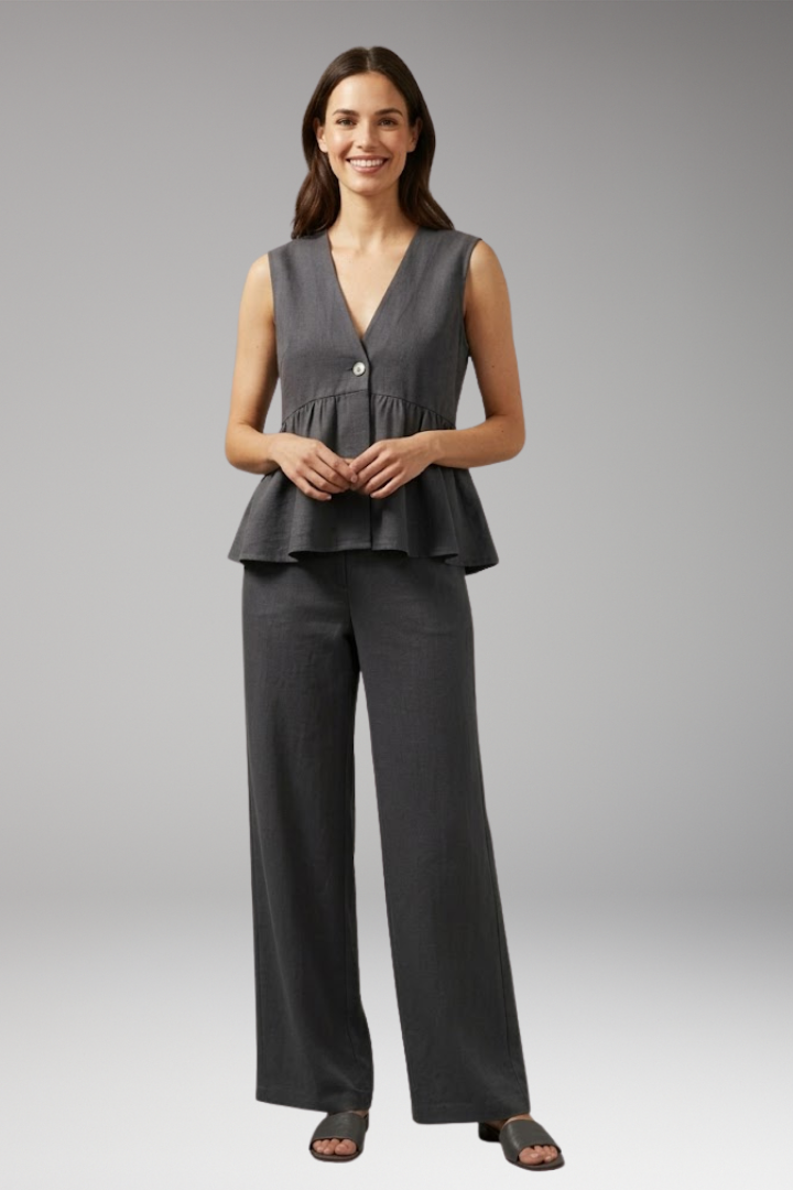 Women's Two Piece Set with V Neck Top and Wide Pants