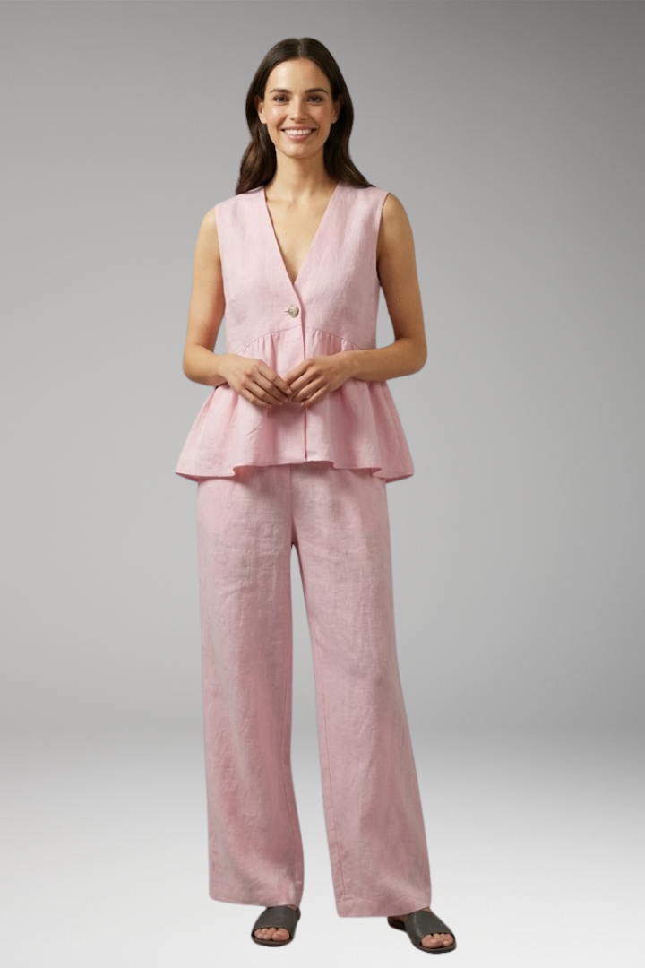 Women's Two Piece Set with V Neck Top and Wide Pants