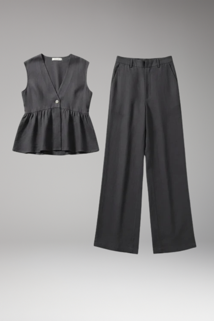 Women's Two Piece Set with V Neck Top and Wide Pants