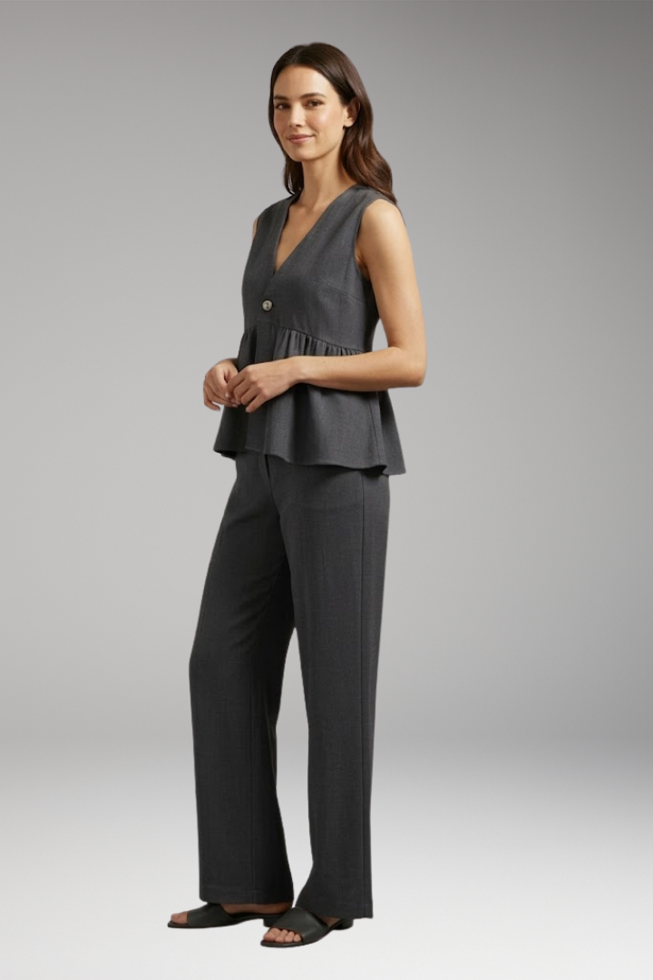 Women's Two Piece Set with V Neck Top and Wide Pants