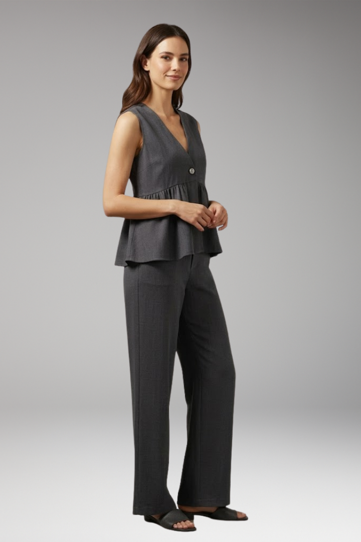 Women's Two Piece Set with V Neck Top and Wide Pants