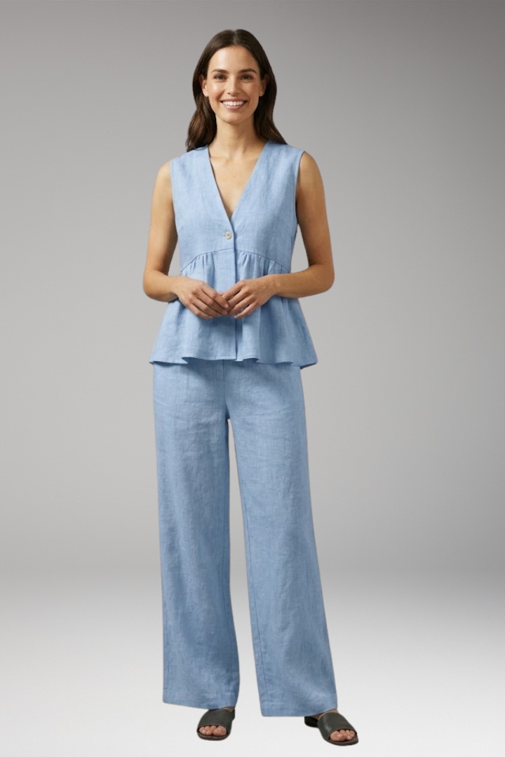 Women's Two Piece Set with V Neck Top and Wide Pants