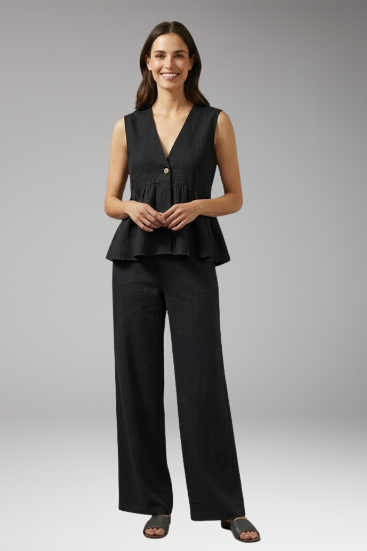 Women's Two Piece Set with V Neck Top and Wide Pants