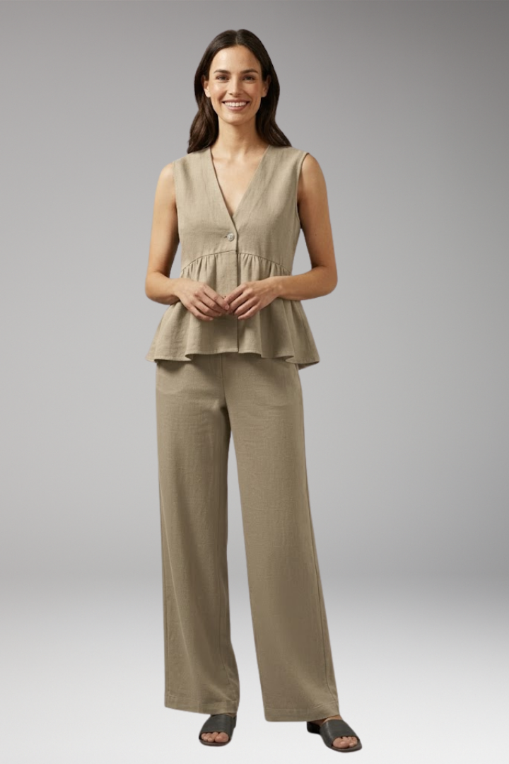 Women's Two Piece Set with V Neck Top and Wide Pants