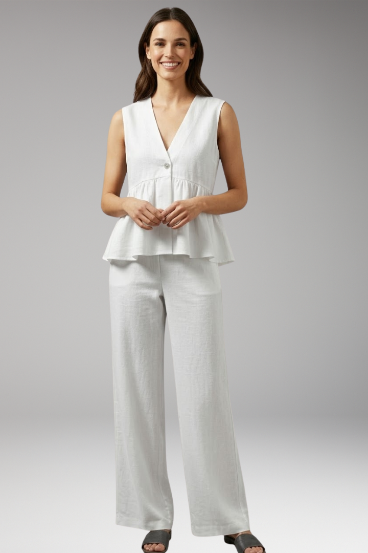 Women's Two Piece Set with V Neck Top and Wide Pants