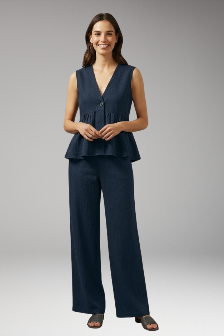 Women's Two Piece Set with V Neck Top and Wide Pants