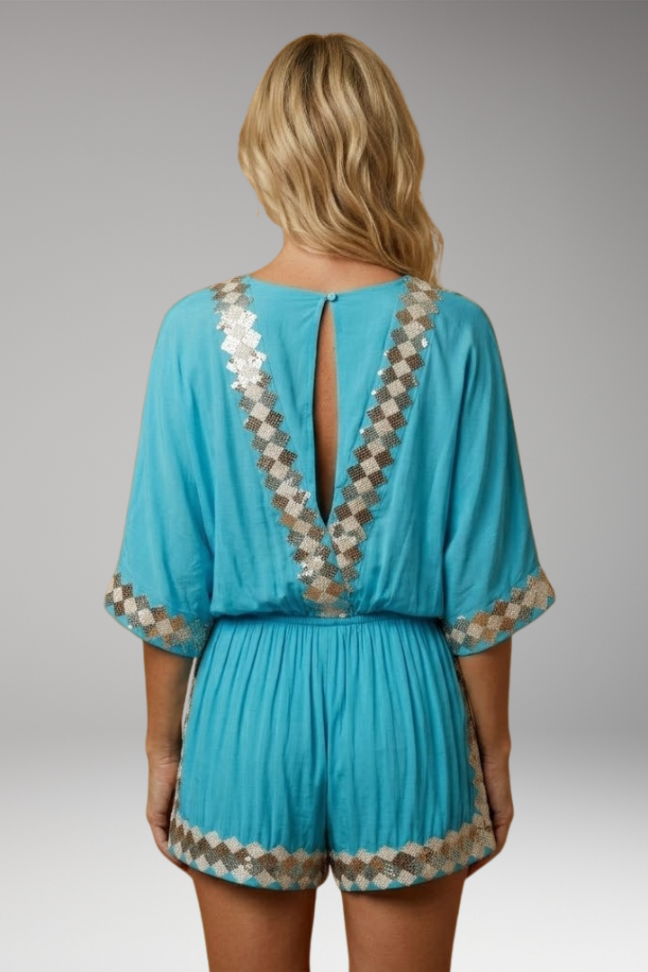 Women's V-Neck Bohemian Print Jumpsuit with Wide Leg and Mid Waist