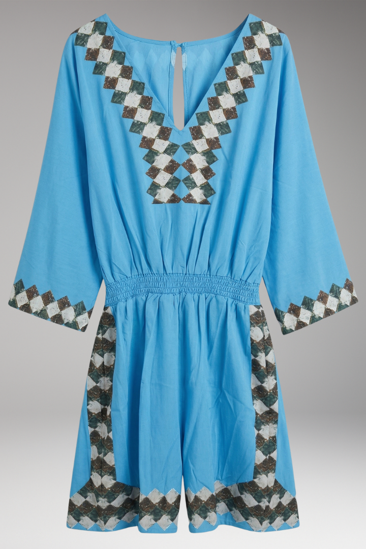 Women's V-Neck Bohemian Print Jumpsuit with Wide Leg and Mid Waist