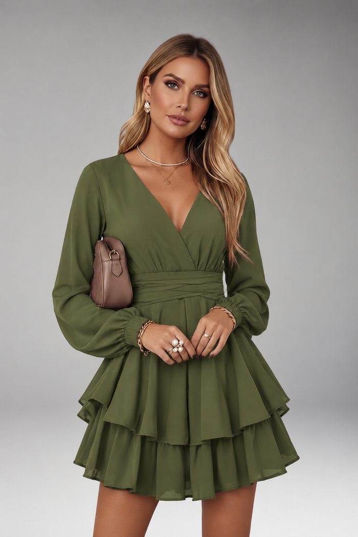 Women's V-Neck Long Sleeve Tiered Mini Dress with Voluminous Skirt