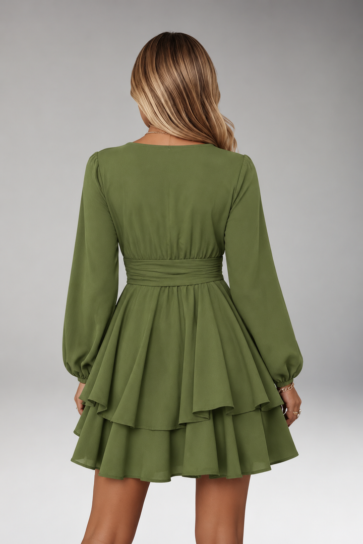 Women's V-Neck Long Sleeve Tiered Mini Dress with Voluminous Skirt