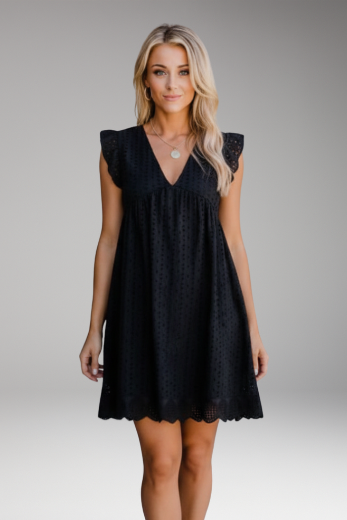 Women's V Neck Dress with Side Pockets and Scalloped Hem
