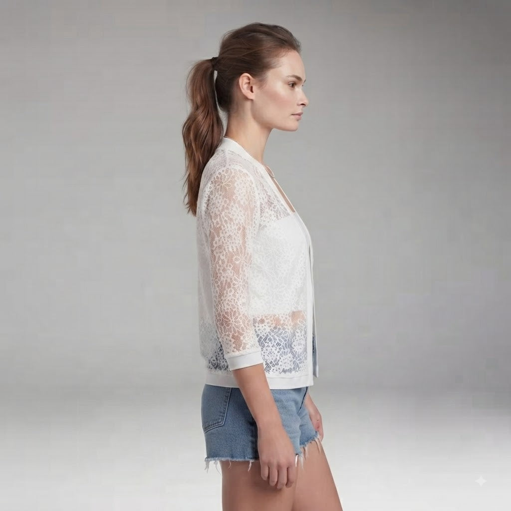 Women's White Sheer Floral Lace Open-Front Cardigan
