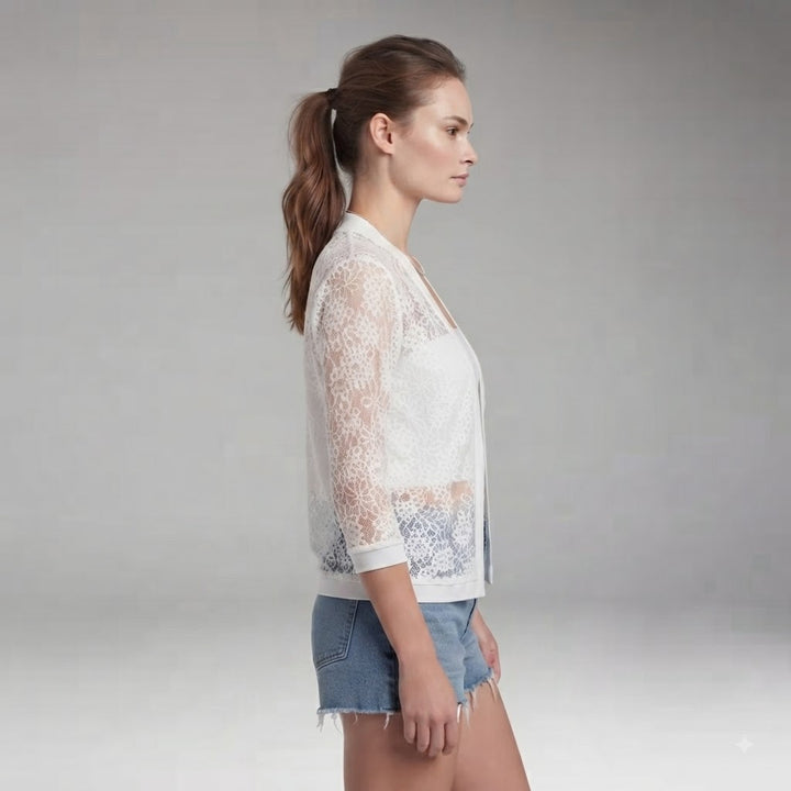 Women's White Sheer Floral Lace Open-Front Cardigan