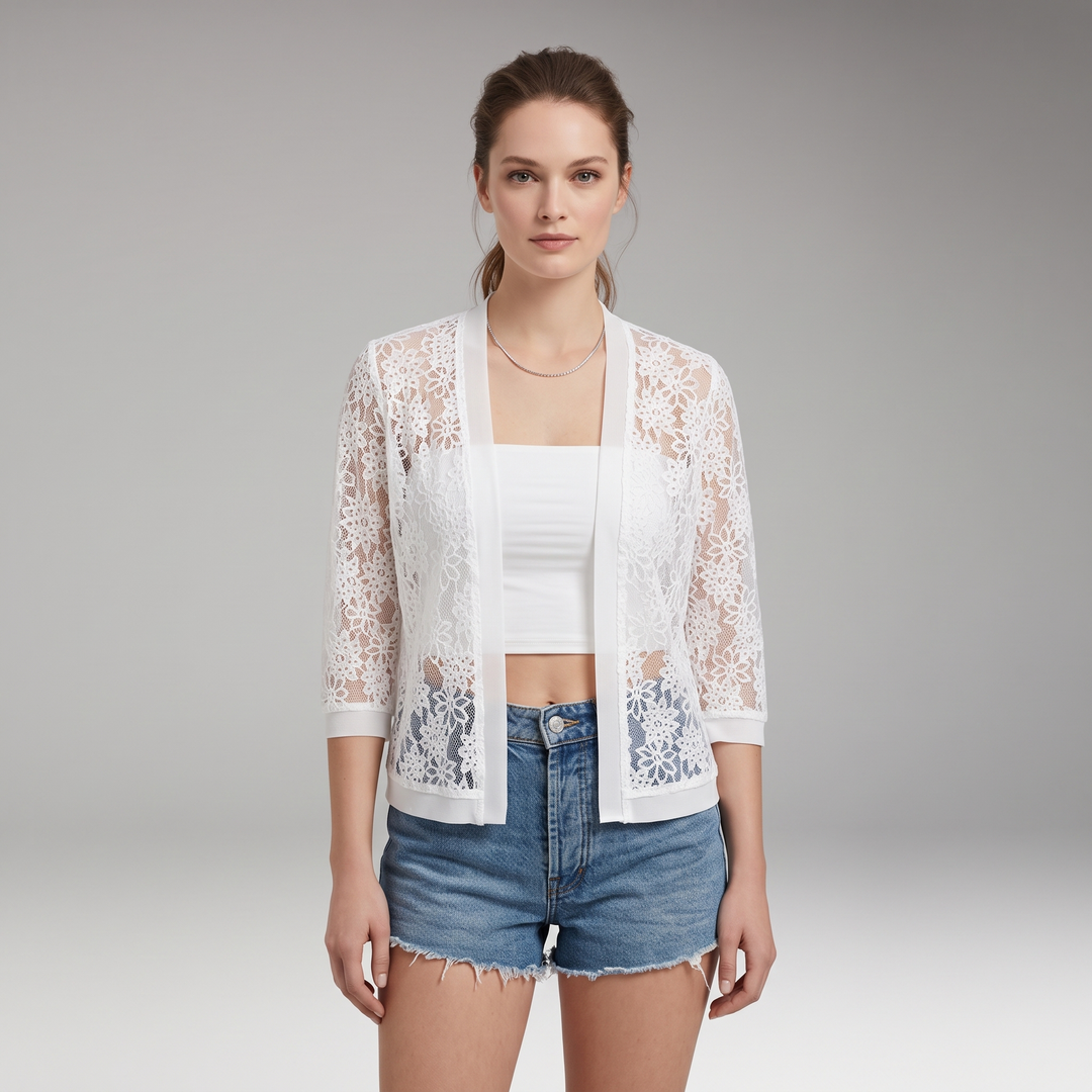 Women's White Sheer Floral Lace Open-Front Cardigan