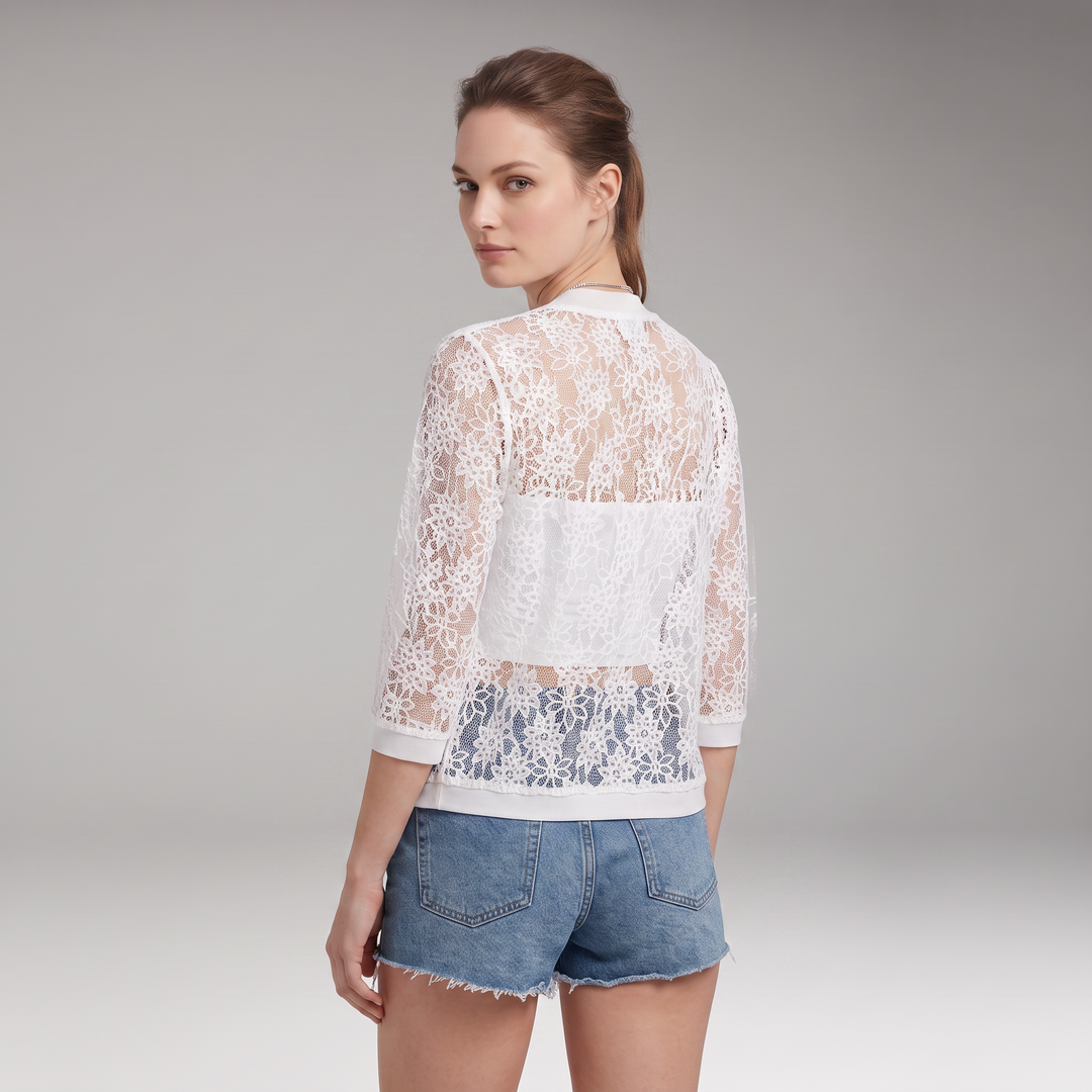 Women's White Sheer Floral Lace Open-Front Cardigan