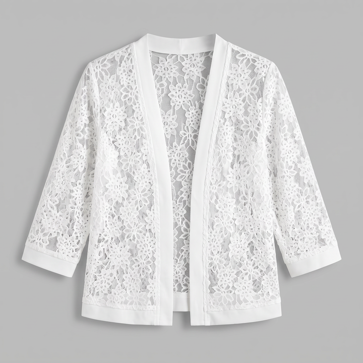 Women's White Sheer Floral Lace Open-Front Cardigan