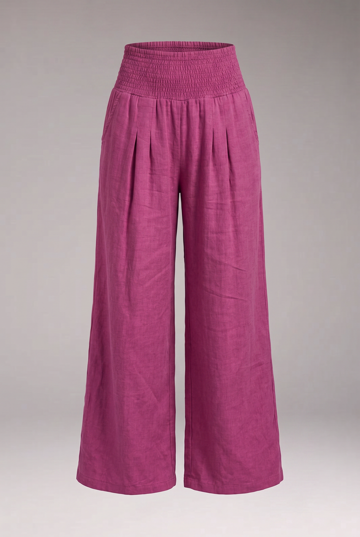 Women's Wide-Leg Trousers with Smocked High Waist and Pleated Front