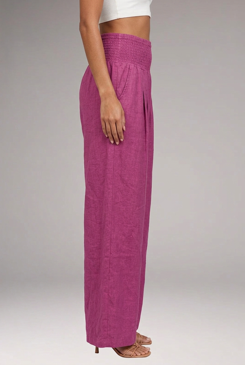 Women's Wide-Leg Trousers with Smocked High Waist and Pleated Front