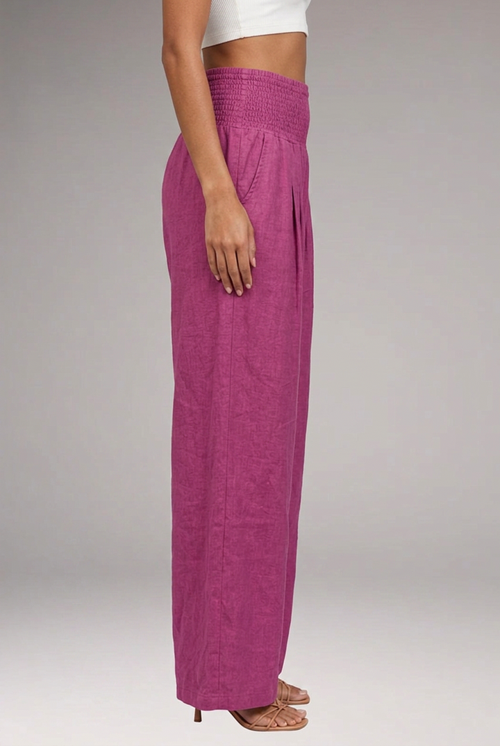Women's Wide-Leg Trousers with Smocked High Waist and Pleated Front