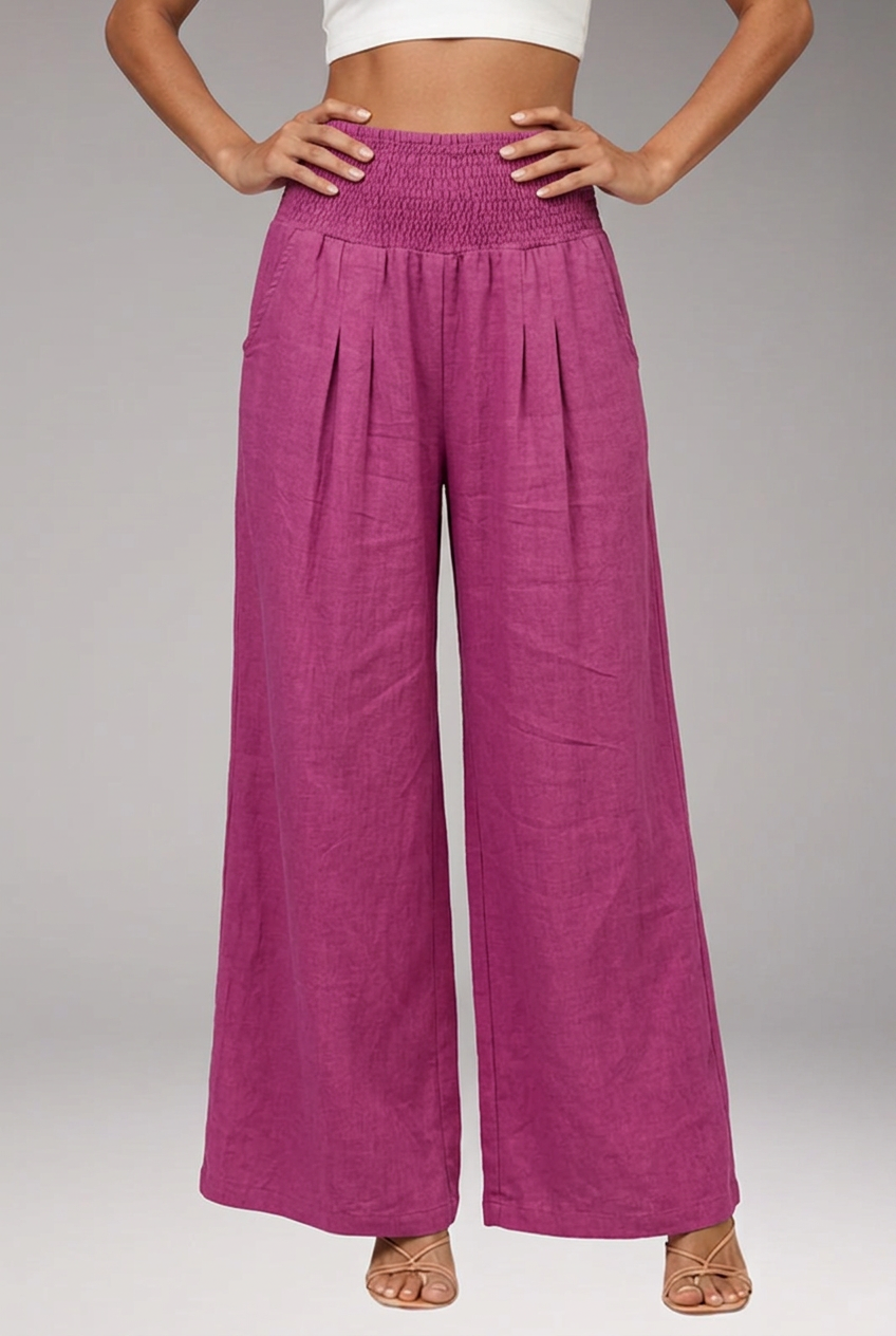 Women's Wide-Leg Trousers with Smocked High Waist and Pleated Front