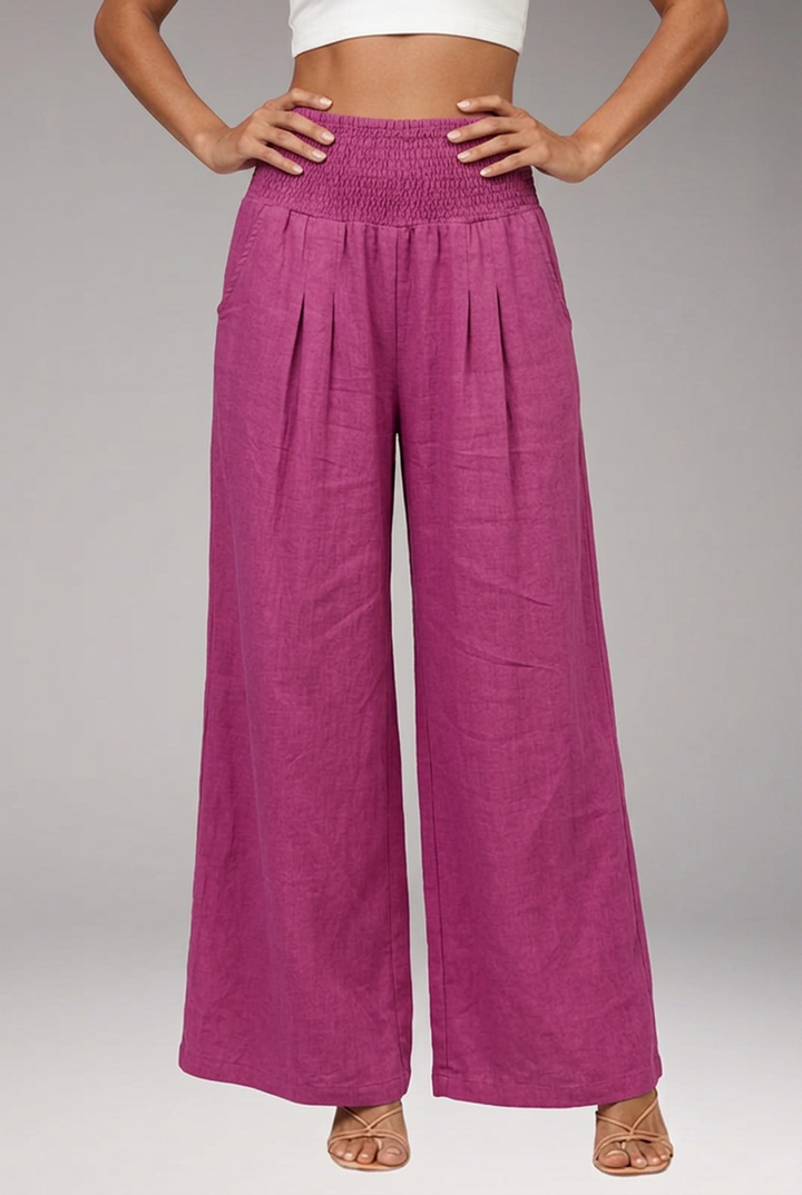 Women's Wide-Leg Trousers with Smocked High Waist and Pleated Front