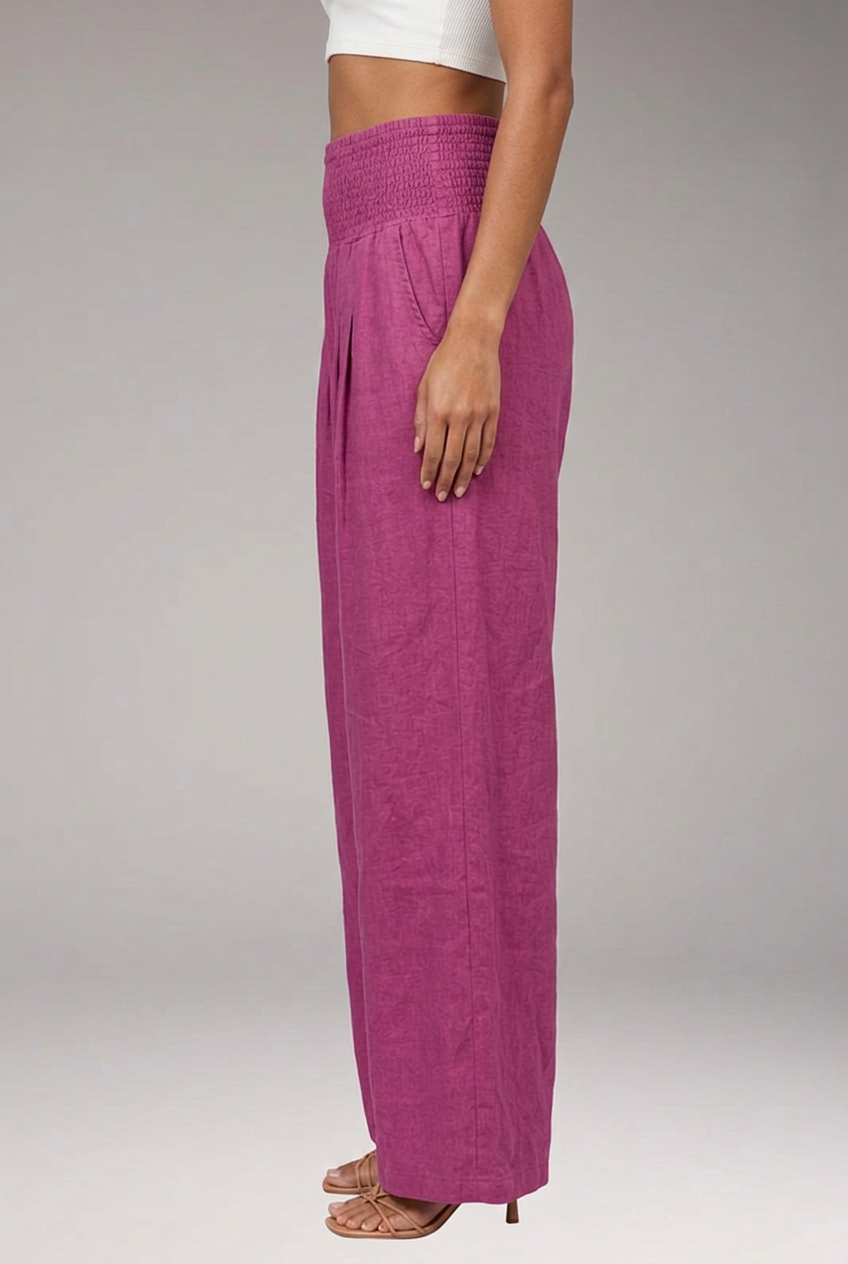 Women's Wide-Leg Trousers with Smocked High Waist and Pleated Front