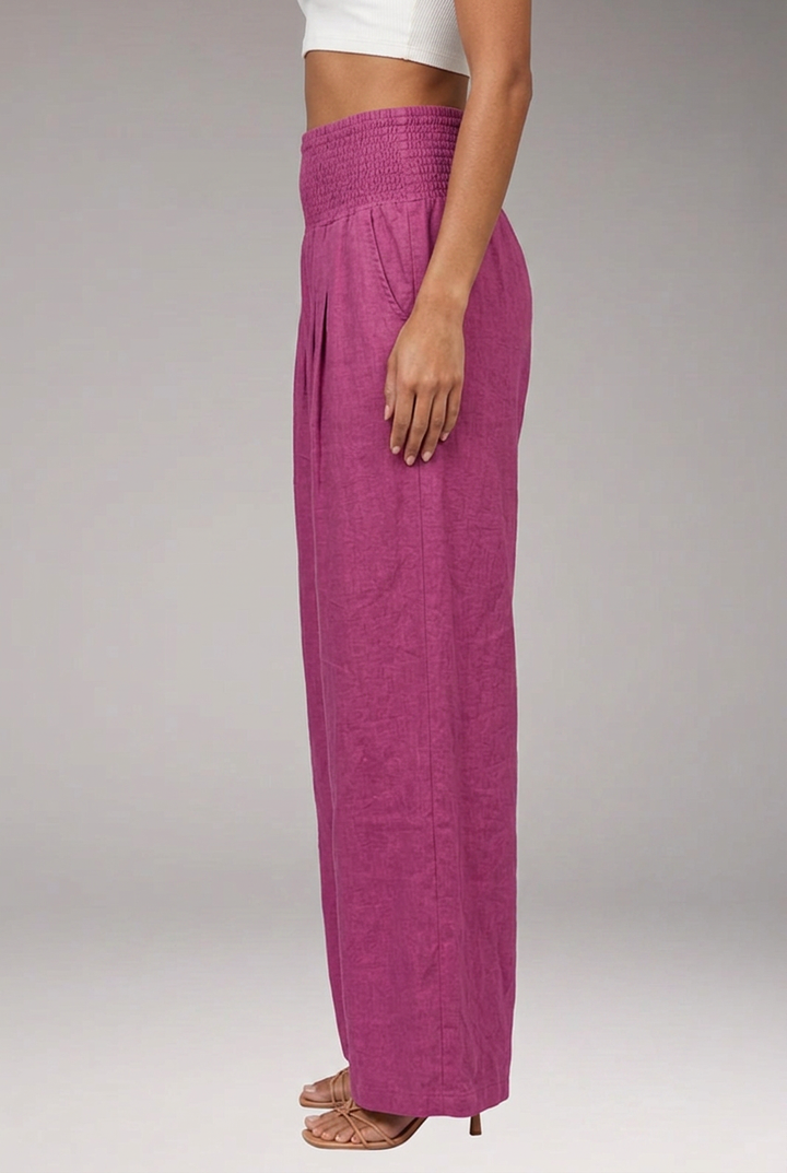 Women's Wide-Leg Trousers with Smocked High Waist and Pleated Front