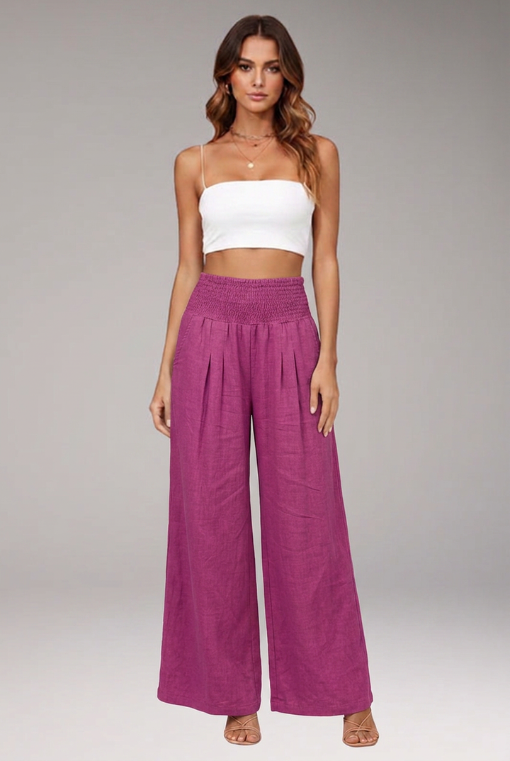 Women's Wide-Leg Trousers with Smocked High Waist and Pleated Front