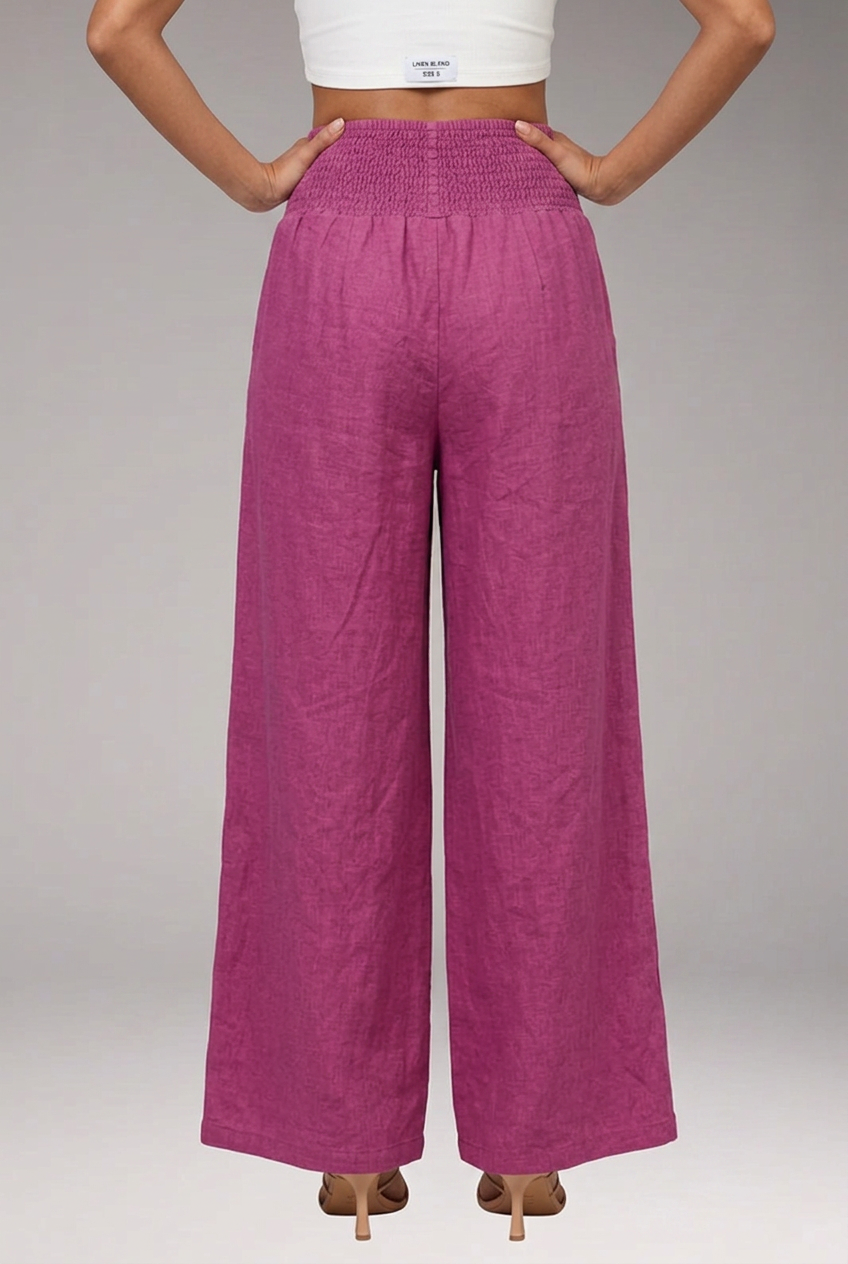 Women's Wide-Leg Trousers with Smocked High Waist and Pleated Front